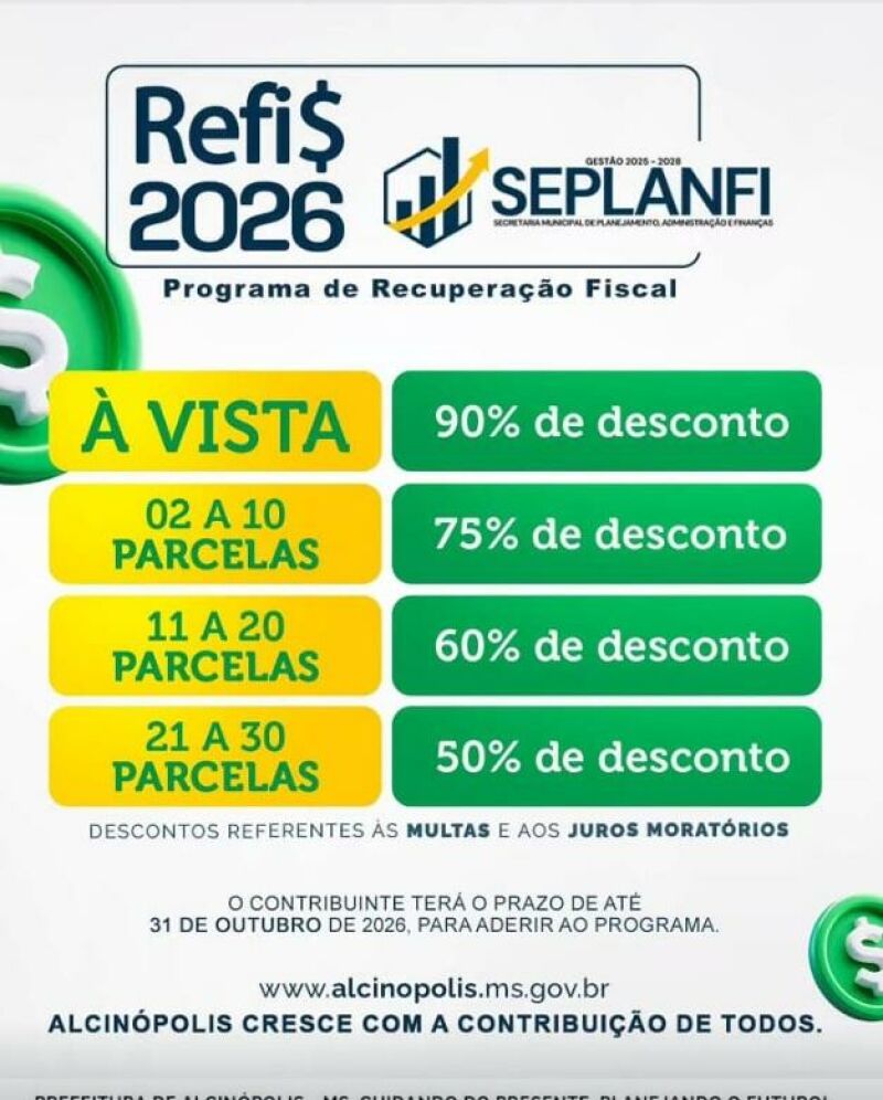 Imagem ilustrativa da matéria Prefeitura de Alcinópolis lança Refis 2026 com descontos de até 90% em juros e multas